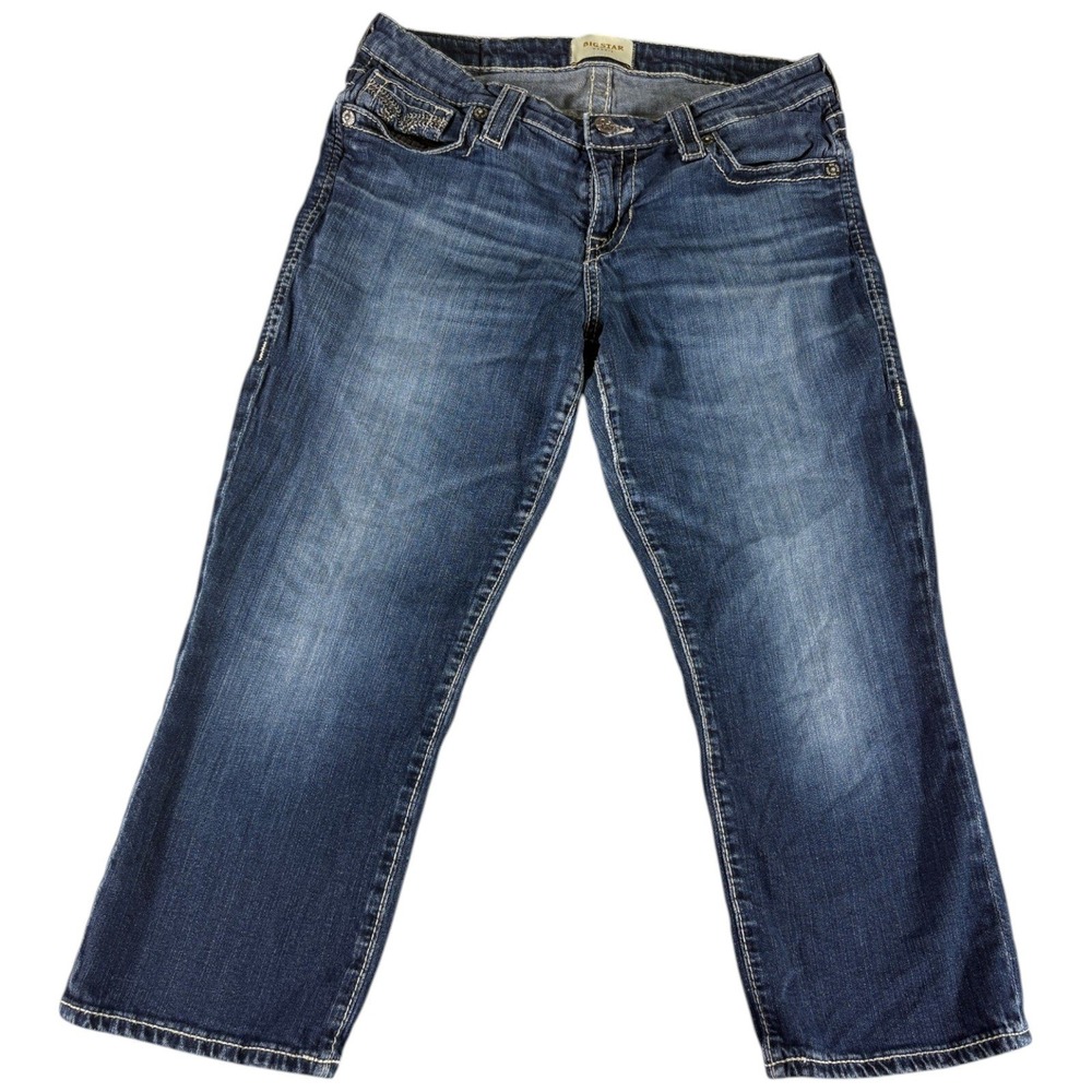 Big Star Maddie Capri Jeans Womens 28 Blue Whiskering Denim Straight Embroidered